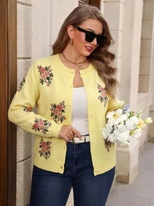 Miaspire Plus Size Women's New Fashion Printed Thin Knit Cardigan, Casual Versatile Lightweight Jacket For Spring And Autumn Winter - Light Yellow - View 3
