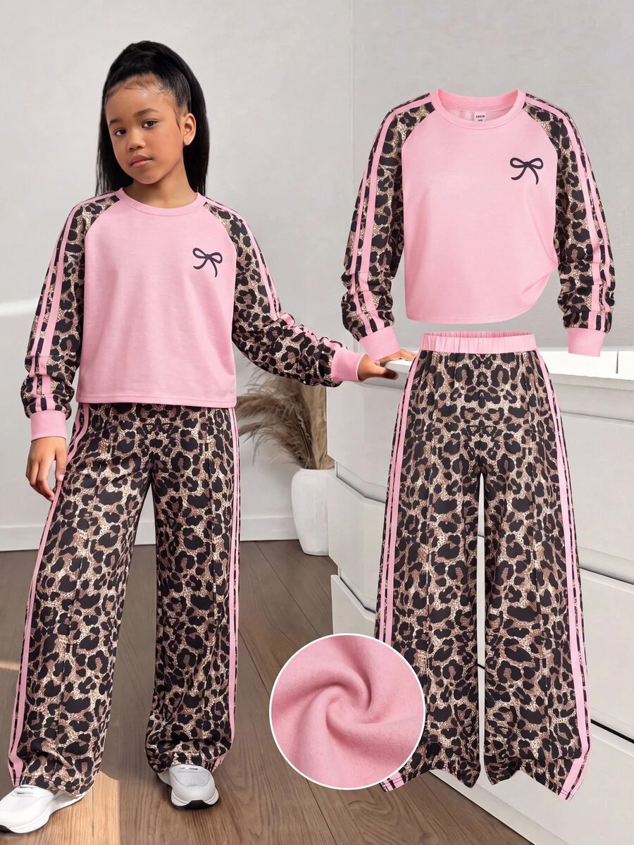 SHEIN 青少年女孩秋冬休閒街頭風雪花印花寬鬆圓領長袖套頭運動衫 - 粉色 - 查看 1