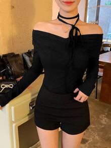 DAZY Women's Cross Off Shoulder Korean Style Tie-Up Long Sleeve T-Shirt, Spring/Autumn Cute Tops Vacation Going Out Tops - Black - View 5