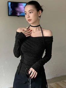 DAZY Women's Cross Off Shoulder Korean Style Tie-Up Long Sleeve T-Shirt, Spring/Autumn Cute Tops Vacation Going Out Tops - Black - View 11