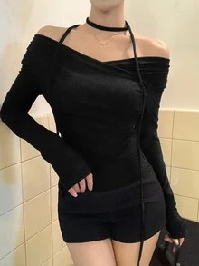 DAZY Women's Cross Off Shoulder Korean Style Tie-Up Long Sleeve T-Shirt, Spring/Autumn Cute Tops Vacation Going Out Tops - Black - View 3