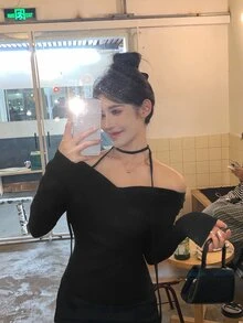 DAZY Women's Cross Off Shoulder Korean Style Tie-Up Long Sleeve T-Shirt, Spring/Autumn Cute Tops Vacation Going Out Tops - Black - View 6