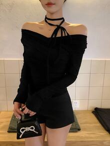 DAZY Women's Cross Off Shoulder Korean Style Tie-Up Long Sleeve T-Shirt, Spring/Autumn Cute Tops Vacation Going Out Tops - Black - View 2