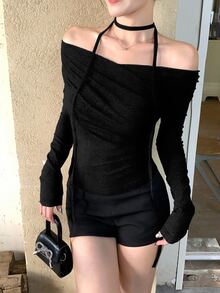 DAZY Women's Cross Off Shoulder Korean Style Tie-Up Long Sleeve T-Shirt, Spring/Autumn Cute Tops Vacation Going Out Tops - Black - View 7