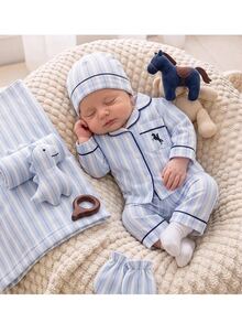SHEIN Newborn Baby Boy Two-Tone Striped Fabric Collared Contrast Trim Animal Print Patch Pocket Button-Up Loose Top And Casual Straight Leg Pants Set, Suitable For Winter - Blue - View 8