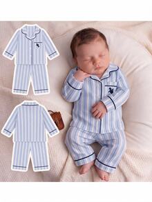 SHEIN Newborn Baby Boy Two-Tone Striped Fabric Collared Contrast Trim Animal Print Patch Pocket Button-Up Loose Top And Casual Straight Leg Pants Set, Suitable For Winter - Blue - View 6