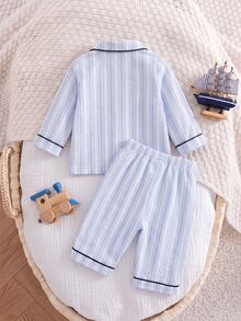 SHEIN Newborn Baby Boy Two-Tone Striped Fabric Collared Contrast Trim Animal Print Patch Pocket Button-Up Loose Top And Casual Straight Leg Pants Set, Suitable For Winter - Blue - View 2
