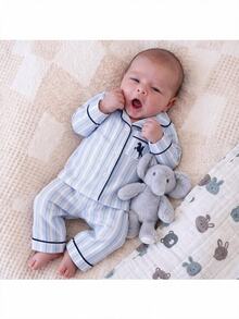 SHEIN Newborn Baby Boy Two-Tone Striped Fabric Collared Contrast Trim Animal Print Patch Pocket Button-Up Loose Top And Casual Straight Leg Pants Set, Suitable For Winter - Blue - View 5