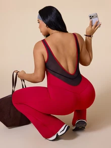 SHEIN Rhythm Era Plus Size Women's Contrast Mesh Sleeveless Flare Leg Jumpsuit - Multicolor - View 2