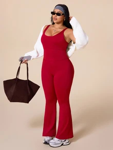 SHEIN Rhythm Era Plus Size Women's Contrast Mesh Sleeveless Flare Leg Jumpsuit - Multicolor - View 5