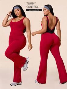 SHEIN Rhythm Era Plus Size Women's Contrast Mesh Sleeveless Flare Leg Jumpsuit - Multicolor - View 7