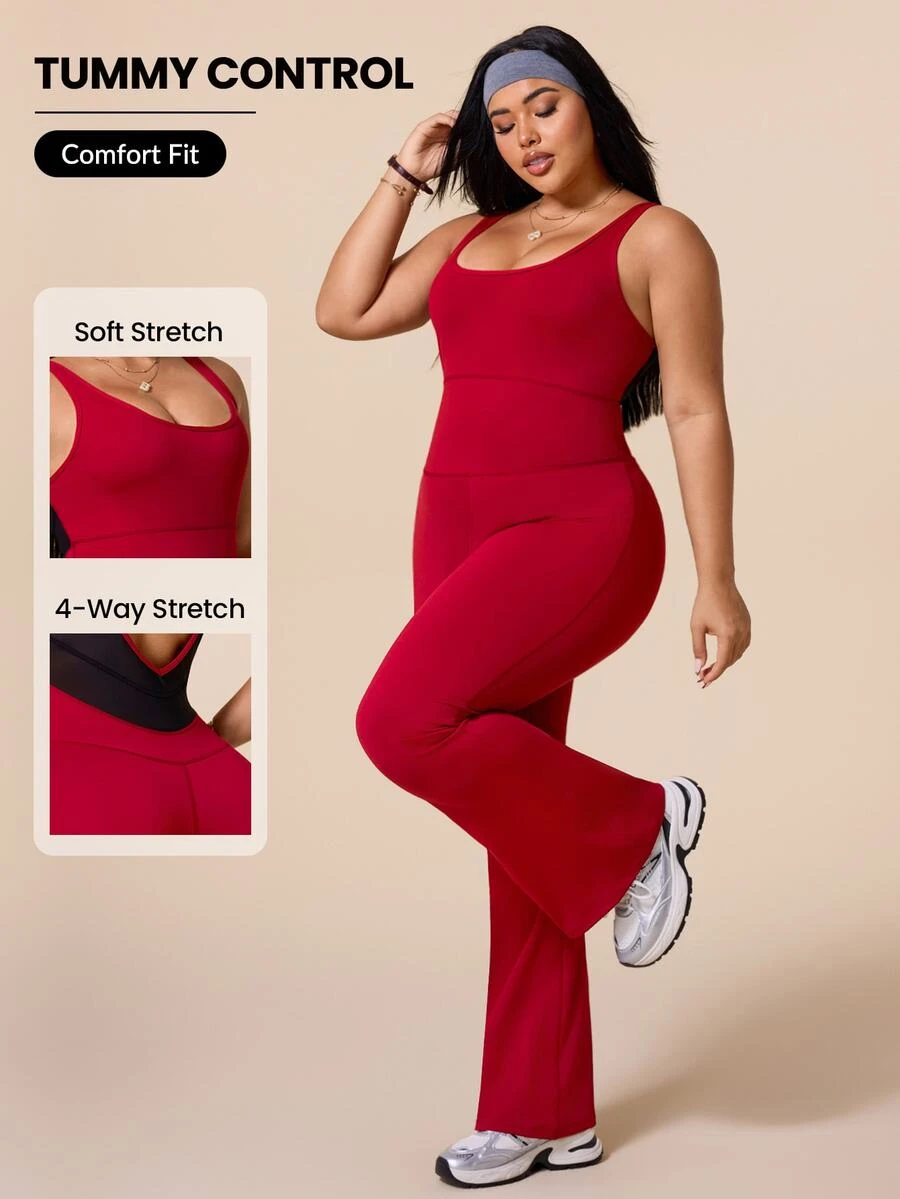 SHEIN Rhythm Era Plus Size Women's Contrast Mesh Sleeveless Flare Leg Jumpsuit - Multicolor - View 1