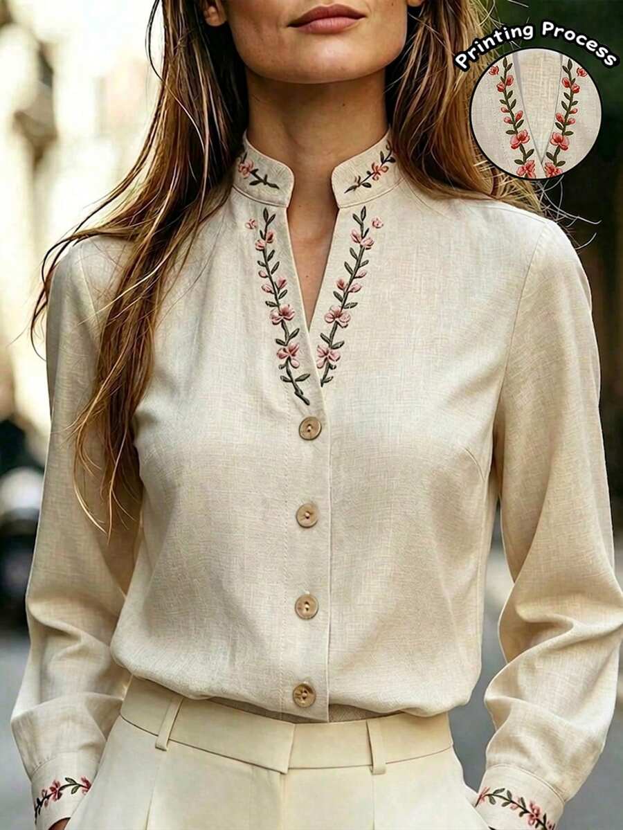 EMERY ROSE قميص خريف كاجوال أنيق من قماش يشبه الكتان باللون الأخضر المريمي، مطرز بزهور، بياقة واقفة وفتحة أزرار، أكمام طويلة، مقاسات كبيرة، مناسب للتنقل اليومي والغداء والمكتب - لون مشمشي - مشاهدة 1