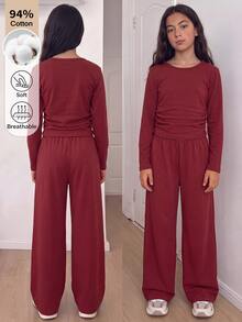 SHEIN Tween Girls 2pcs/Set Casual Ruched Long Sleeve T-Shirt And Wide Leg Pants Burgundy Co-Ords Outfit Everyday Streetwear - Red - View 4