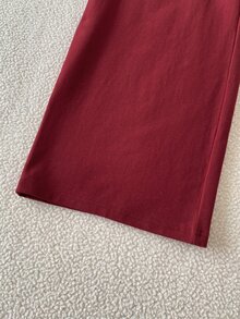 SHEIN Tween Girls 2pcs/Set Casual Ruched Long Sleeve T-Shirt And Wide Leg Pants Burgundy Co-Ords Outfit Everyday Streetwear - Red - View 8