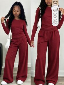 SHEIN Tween Girls 2pcs/Set Casual Ruched Long Sleeve T-Shirt And Wide Leg Pants Burgundy Co-Ords Outfit Everyday Streetwear - Red - View 2