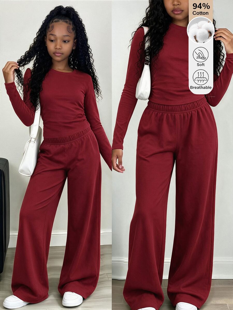 SHEIN Tween Girls 2pcs/Set Casual Ruched Long Sleeve T-Shirt And Wide Leg Pants Burgundy Co-Ords Outfit Everyday Streetwear