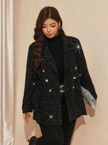 SHEIN LUNE 大尺碼女款水鑽裝飾休閒優雅百搭通勤雞尾酒會正式派對旅行西裝外套 黑色 秋季 - 黑色 - 查看 4