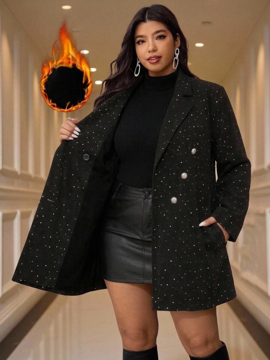 SHEIN LUNE Plus Size Women's Rhinestone Embellished Casual Elegant Versatile Commute Cocktail Formal Party Travel Blazer Black Fall - Black - View 1