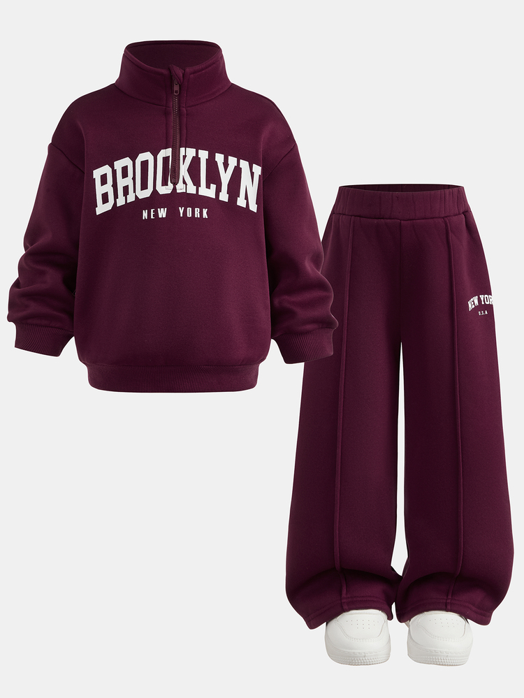 Young Girl Kids Burgundy New York Letter Print Sweatshirt & Pants Set, Casual Autumn Campus Back To School Outfit,Christmas,Pull,Autumn/Winter,Fall - Burgundy - View 10