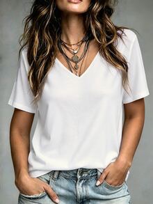 EMERY ROSE Plus Size Women's Simple Solid Color V-Neck Short Sleeve Casual T-Shirt For Women - White - View 3