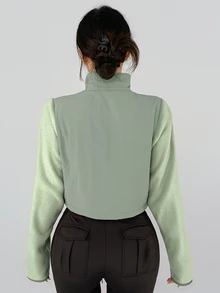 DAZY Women's Casual Outdoor Sports Jacket, Short Thermal Lined Green Patchwork Fleece With Letter Embroidery, Turn-Down Collar, Autumn/Winter - Green - View 6