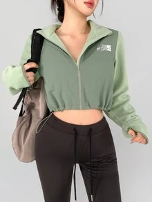DAZY Women's Casual Outdoor Sports Jacket, Short Thermal Lined Green Patchwork Fleece With Letter Embroidery, Turn-Down Collar, Autumn/Winter - Green - View 11