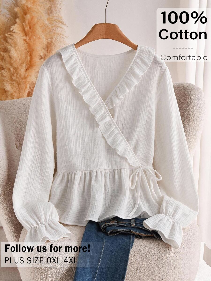 CosyJoli Áo blouse nữ size lớn màu trơn phối patchwork, bèo nhún, thắt eo bên hông, phong cách thường ngày, đi chơi, Lễ Tạ ơn, mùa thu/đông, áo công sở nữ - trắng - Xem 1