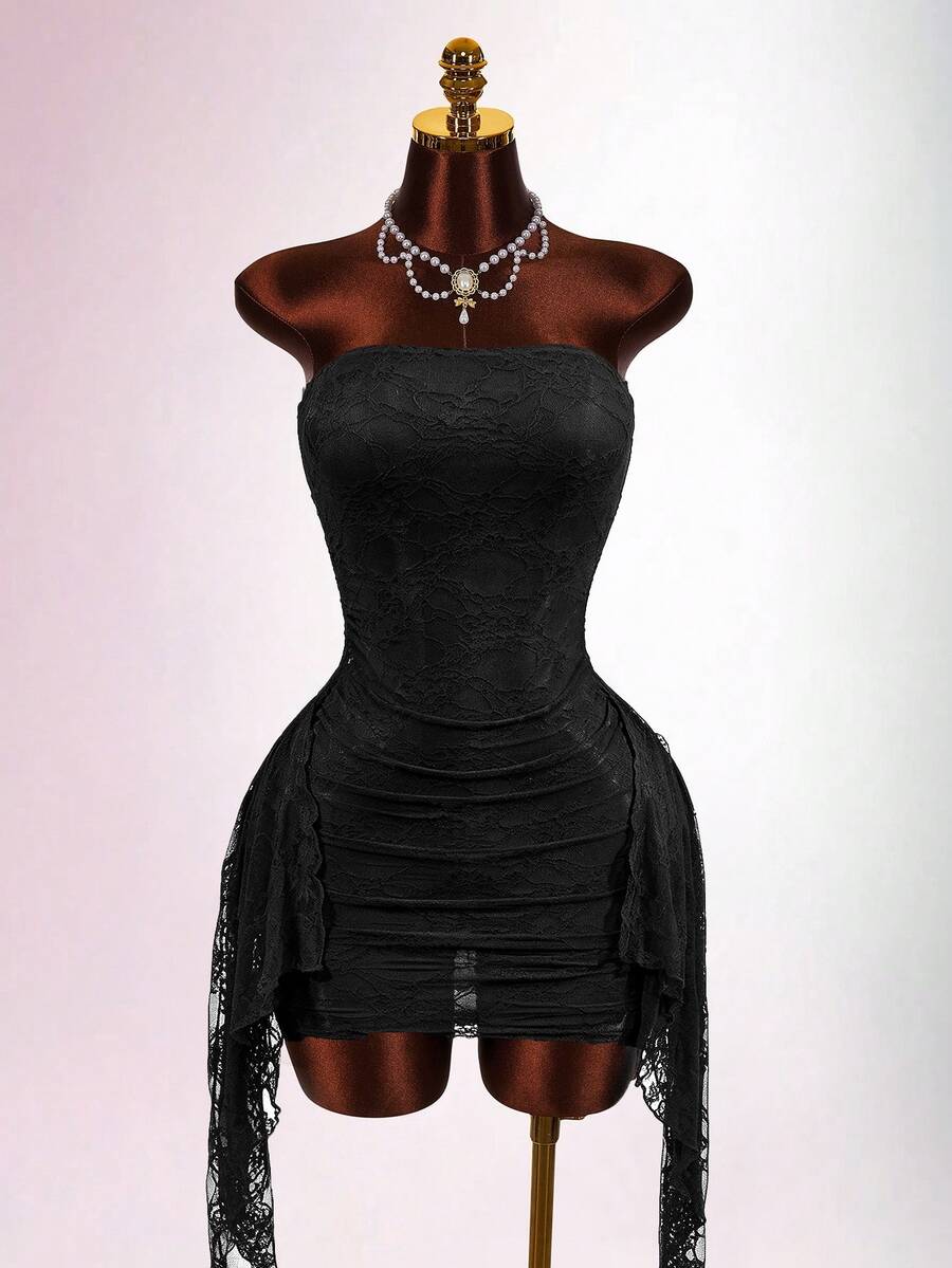Mistrie Strapless Lace Ruched Bodycon Mini Dress, Asymmetrical Flowy Ruffle Hem Night Out Dress Halloween Club Black Summer Gothic Sexy