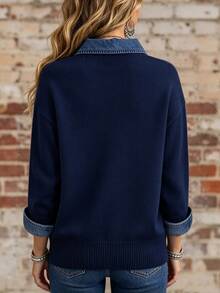 Trelyra Women's Colorblock Casual Daily Long Sleeve Sweater Everyday Navy Blue - Navy Blue - View 2