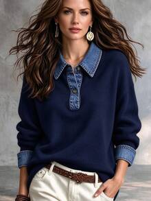 Trelyra Women's Colorblock Casual Daily Long Sleeve Sweater Everyday Navy Blue - Navy Blue - View 1