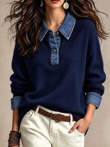 Trelyra Women's Colorblock Casual Daily Long Sleeve Sweater Everyday Navy Blue - Navy Blue - View 3
