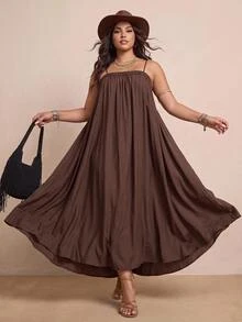 Nubod 大码女式休闲纯色纹理吊带裙 - 咖啡棕 - 查看 1