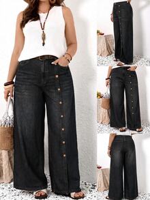 EMERY ROSE EMERY ROSE Plus Size Women's Wide Leg Loose Fit Denim Jeans With Pocket And Button Design Fall Clothes - Black - View 3