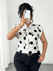 Elenzga Plus Size Casual Elegant Commuter Office Formal Black White Striped Short Flutter Sleeve Tie Design Collar Shirt Summer - Black and White - View 6