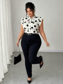 Elenzga Plus Size Casual Elegant Commuter Office Formal Black White Striped Short Flutter Sleeve Tie Design Collar Shirt Summer - Black and White - View 4