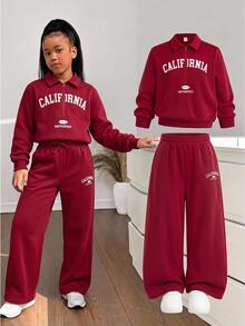 SHEIN Tween Girl Tween Girl Autumn/Winter Red Casual Cinched Waist Sweatshirt & Sweatpants Set, Suitable For Christmas And Back To School Season,Pull - Red - View 7