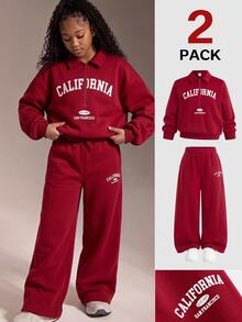 SHEIN Tween Girl Tween Girl Autumn/Winter Red Casual Cinched Waist Sweatshirt & Sweatpants Set, Suitable For Christmas And Back To School Season,Pull - Red - View 1