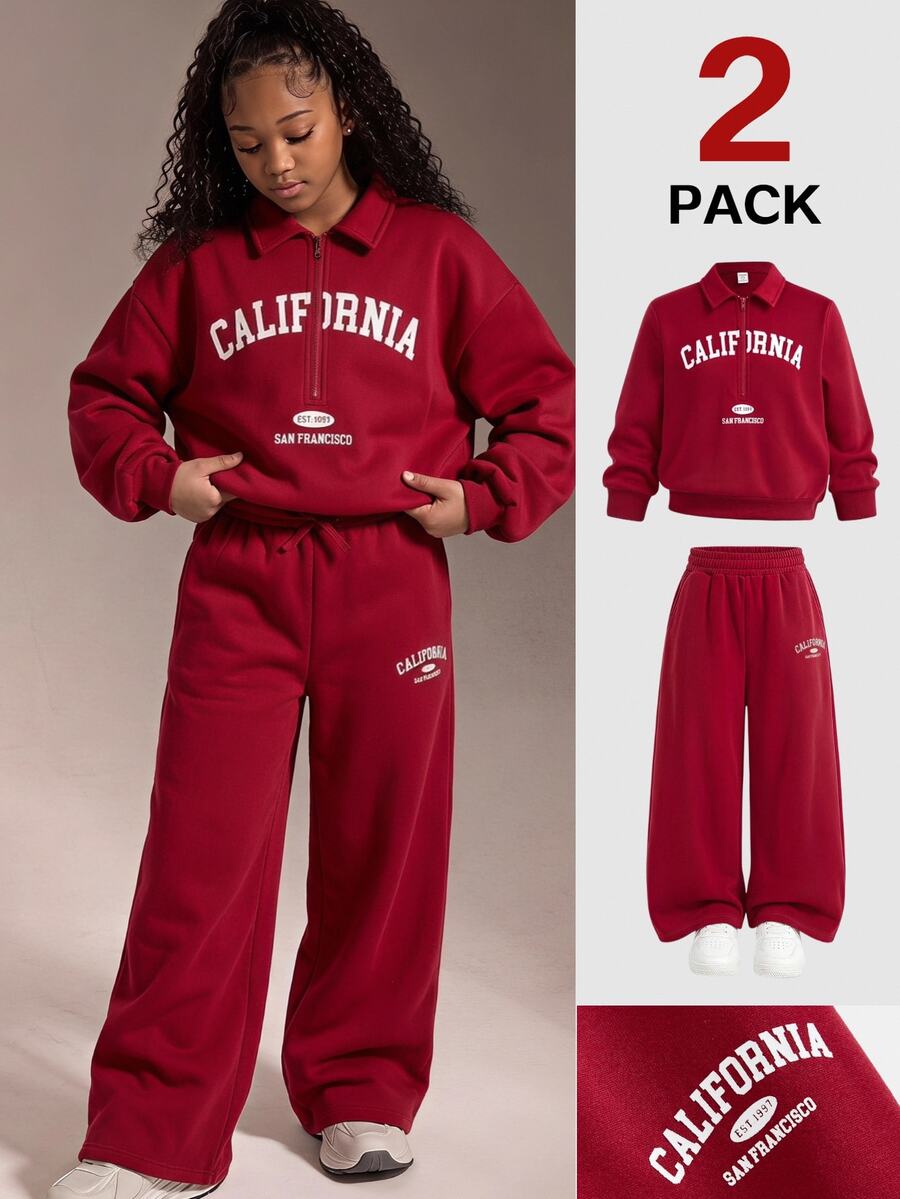 SHEIN Tween Girl Tween Girl Autumn/Winter Red Casual Cinched Waist Sweatshirt & Sweatpants Set, Suitable For Christmas And Back To School Season,Pull - Red - View 1
