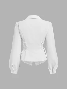 SHEIN MOD قميص كاجوال نسائي بلون موحد مع رباط جانبي عند الخصر وفتحة سحاب - أبيض - مشاهدة 6
