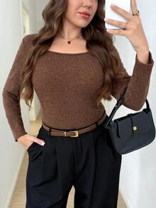 SHEIN LUNE Plus Size Minimalist Versatile Long Sleeve T-Shirt For Daily Wear - Brown - View 4