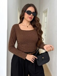 SHEIN LUNE Plus Size Minimalist Versatile Long Sleeve T-Shirt For Daily Wear - Brown - View 7