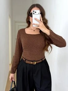 SHEIN LUNE Plus Size Minimalist Versatile Long Sleeve T-Shirt For Daily Wear - Brown - View 1