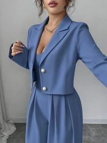 Elenzga Women Dusty Blue 2-Piece Set,Spaghetti Strap Backless Wide Leg Jumpsuit&Notched Collar Long Sleeve Jacket,Fall Winter Elegant Dining Commuter Outfit - Medium Wash - View 7