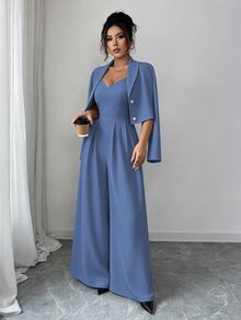 Elenzga Women Dusty Blue 2-Piece Set,Spaghetti Strap Backless Wide Leg Jumpsuit&Notched Collar Long Sleeve Jacket,Fall Winter Elegant Dining Commuter Outfit - Medium Wash - View 6