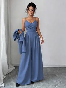 Elenzga Women Dusty Blue 2-Piece Set,Spaghetti Strap Backless Wide Leg Jumpsuit&Notched Collar Long Sleeve Jacket,Fall Winter Elegant Dining Commuter Outfit - Medium Wash - View 4