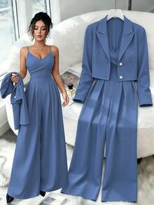 Elenzga Women Dusty Blue 2-Piece Set,Spaghetti Strap Backless Wide Leg Jumpsuit&Notched Collar Long Sleeve Jacket,Fall Winter Elegant Dining Commuter Outfit - Medium Wash - View 3