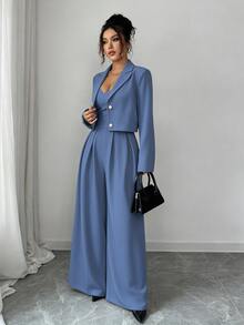 Elenzga Women Dusty Blue 2-Piece Set,Spaghetti Strap Backless Wide Leg Jumpsuit&Notched Collar Long Sleeve Jacket,Fall Winter Elegant Dining Commuter Outfit - Medium Wash - View 5