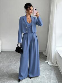 Elenzga Women Dusty Blue 2-Piece Set,Spaghetti Strap Backless Wide Leg Jumpsuit&Notched Collar Long Sleeve Jacket,Fall Winter Elegant Dining Commuter Outfit - Medium Wash - View 8