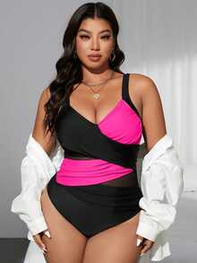 SHEIN Swim Curve 大尺碼女款交叉設計拼色網布拼接連身泳衣，適合夏季海灘派對度假，黑色性感優雅 - 彩色 - 查看 3